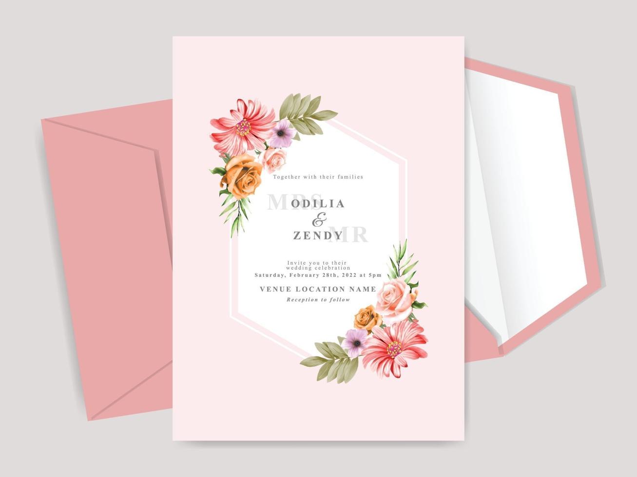 hermosa tarjeta de invitación de boda floral dibujada a mano vector