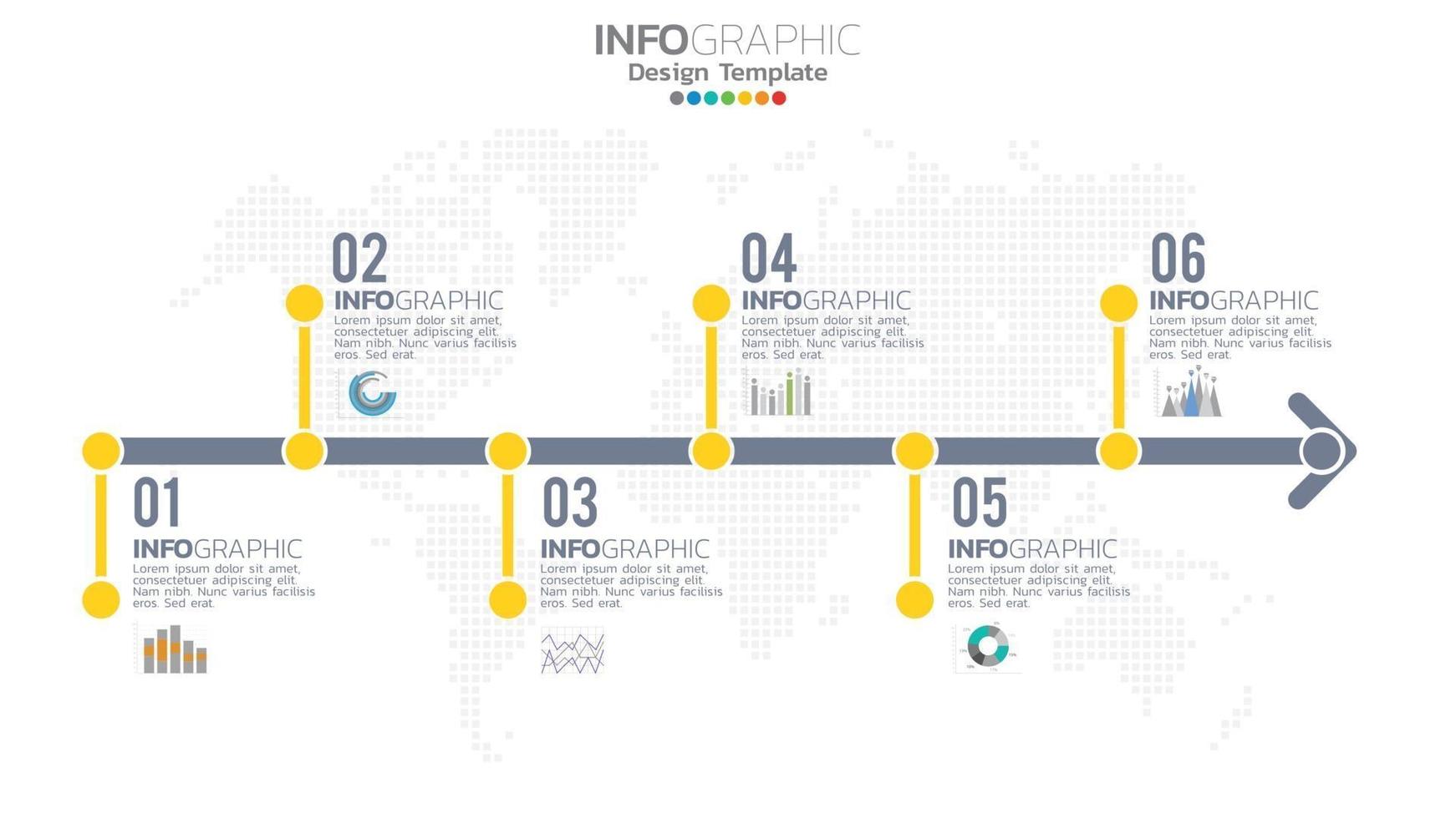 Infograph 6 step yellow color element with circle graphic chart diagram, business graph design. vector