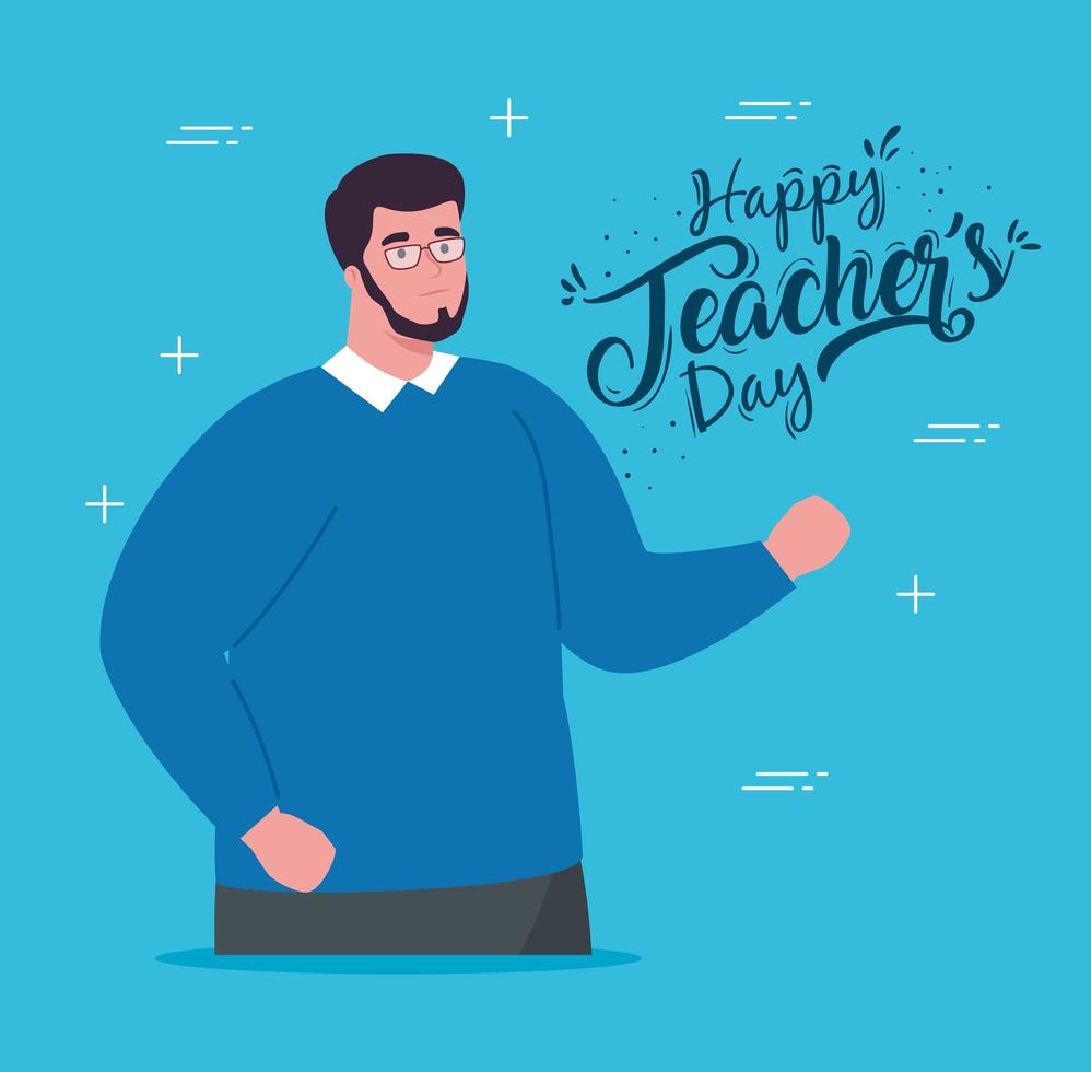 happy teachers day, with teacher and blue background vector