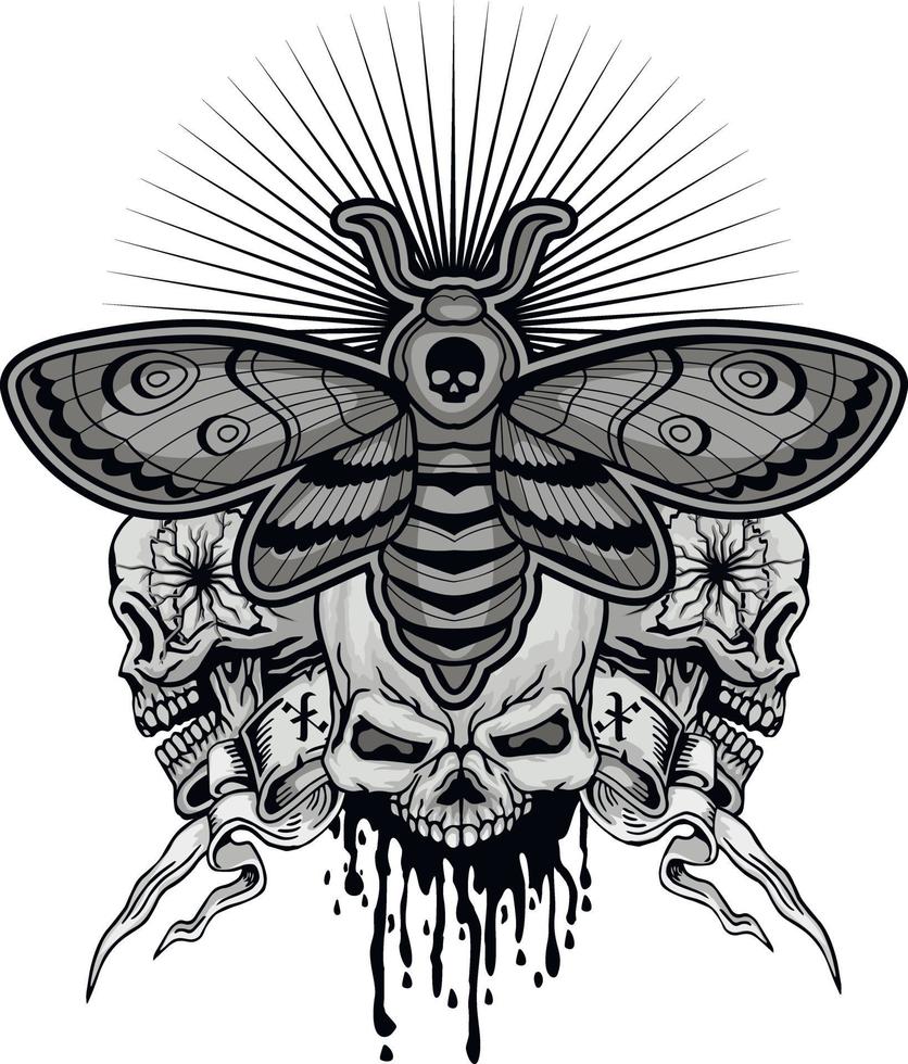 death's-head hawk moth and skull, grunge vintage design t shirts vector