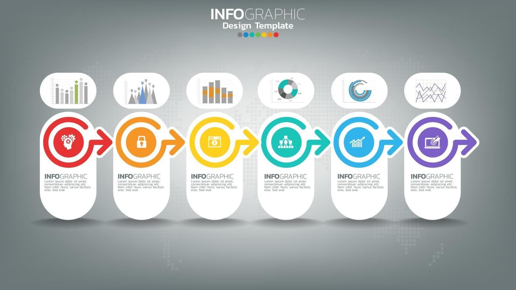 Infograph 6 step color element with arrow, chart diagram, business online marketing concept. vector