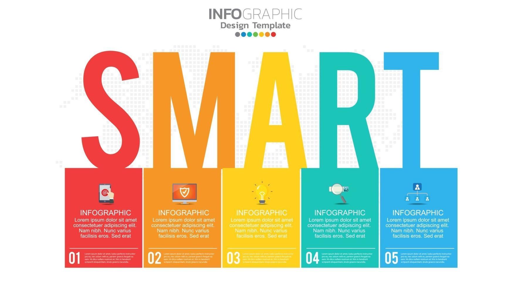 Infografía de estrategia de establecimiento de objetivos inteligentes con 5 pasos e iconos para gráfico de negocios. vector