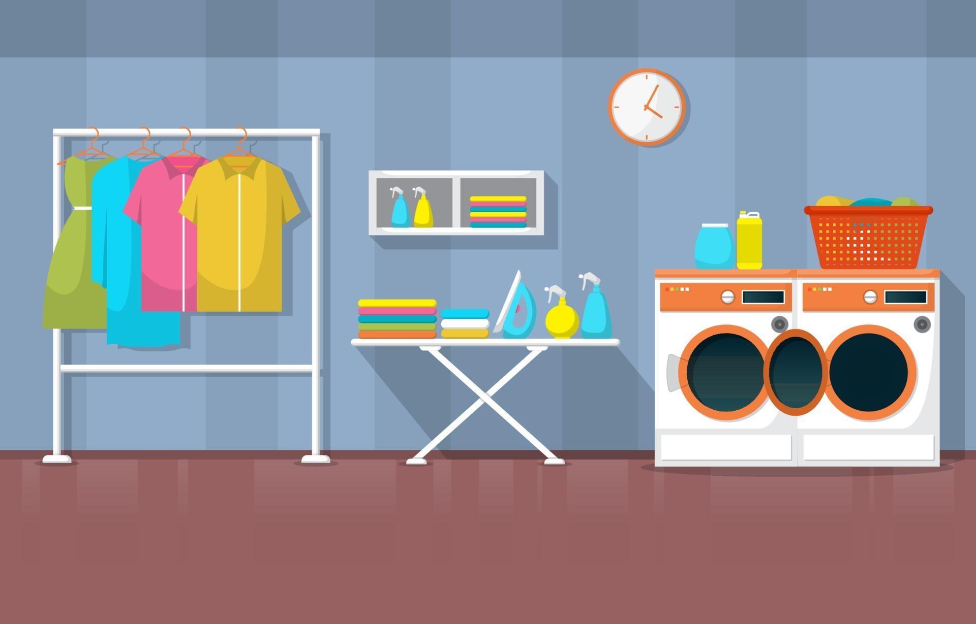Laundromat with Washing Machines and Racks 2041860 Vector Art at Vecteezy