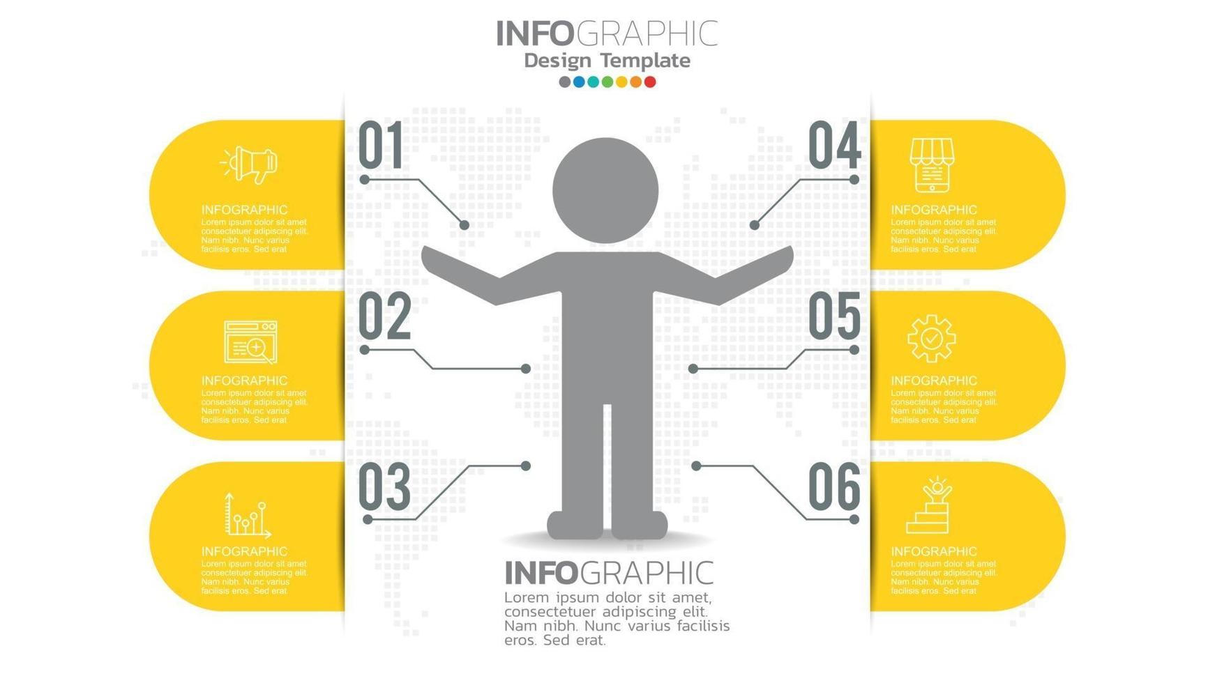 Infograph 6 step yellow color element with circle graphic chart diagram, business graph design. vector