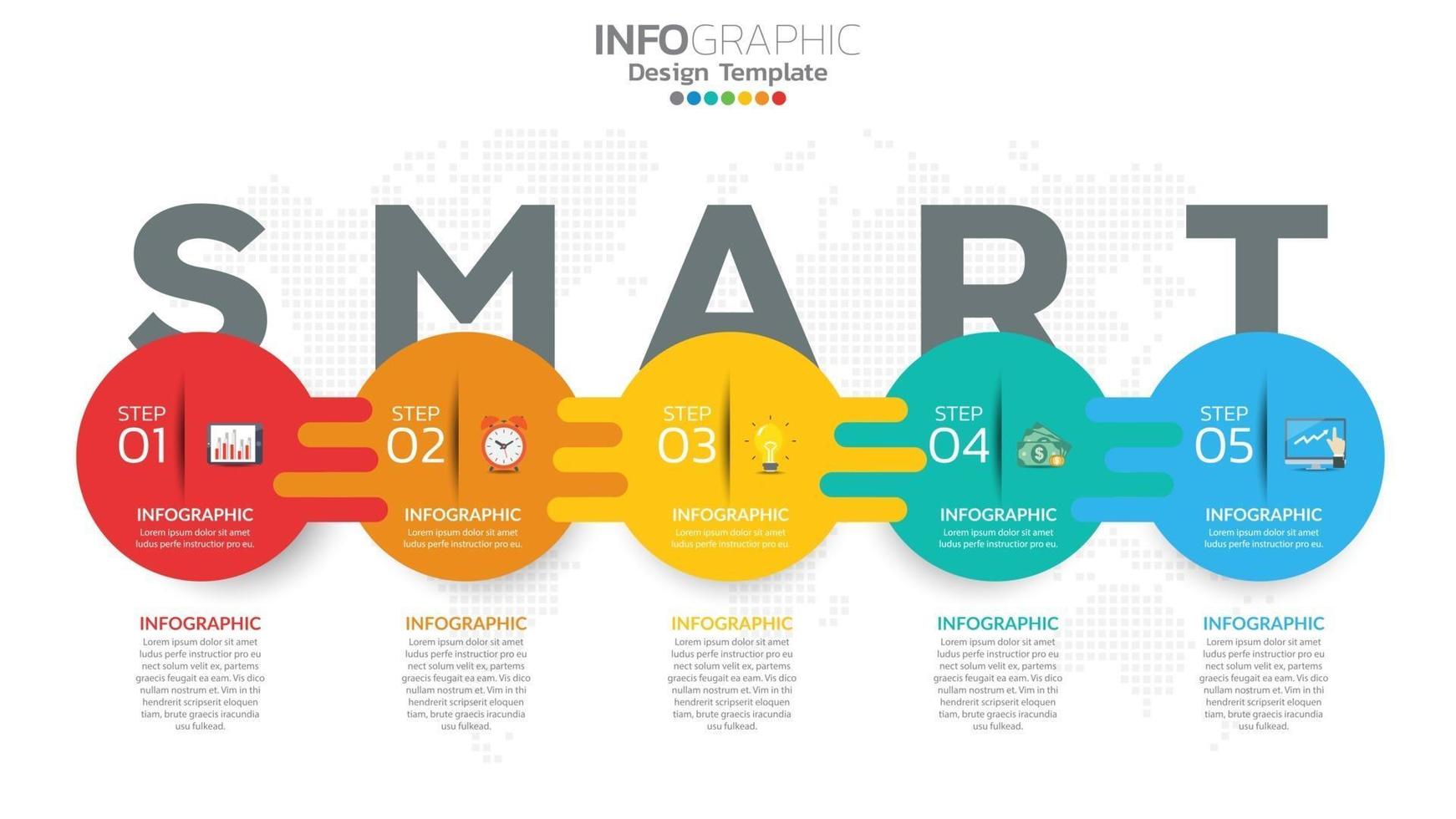 Infografía de estrategia de establecimiento de objetivos inteligentes con 5 pasos e iconos para gráfico de negocios. vector