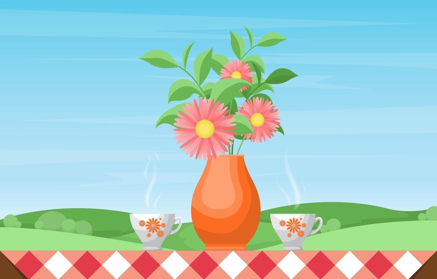 tazas de té y jarrón de flores sobre una mesa con vistas a la naturaleza vector
