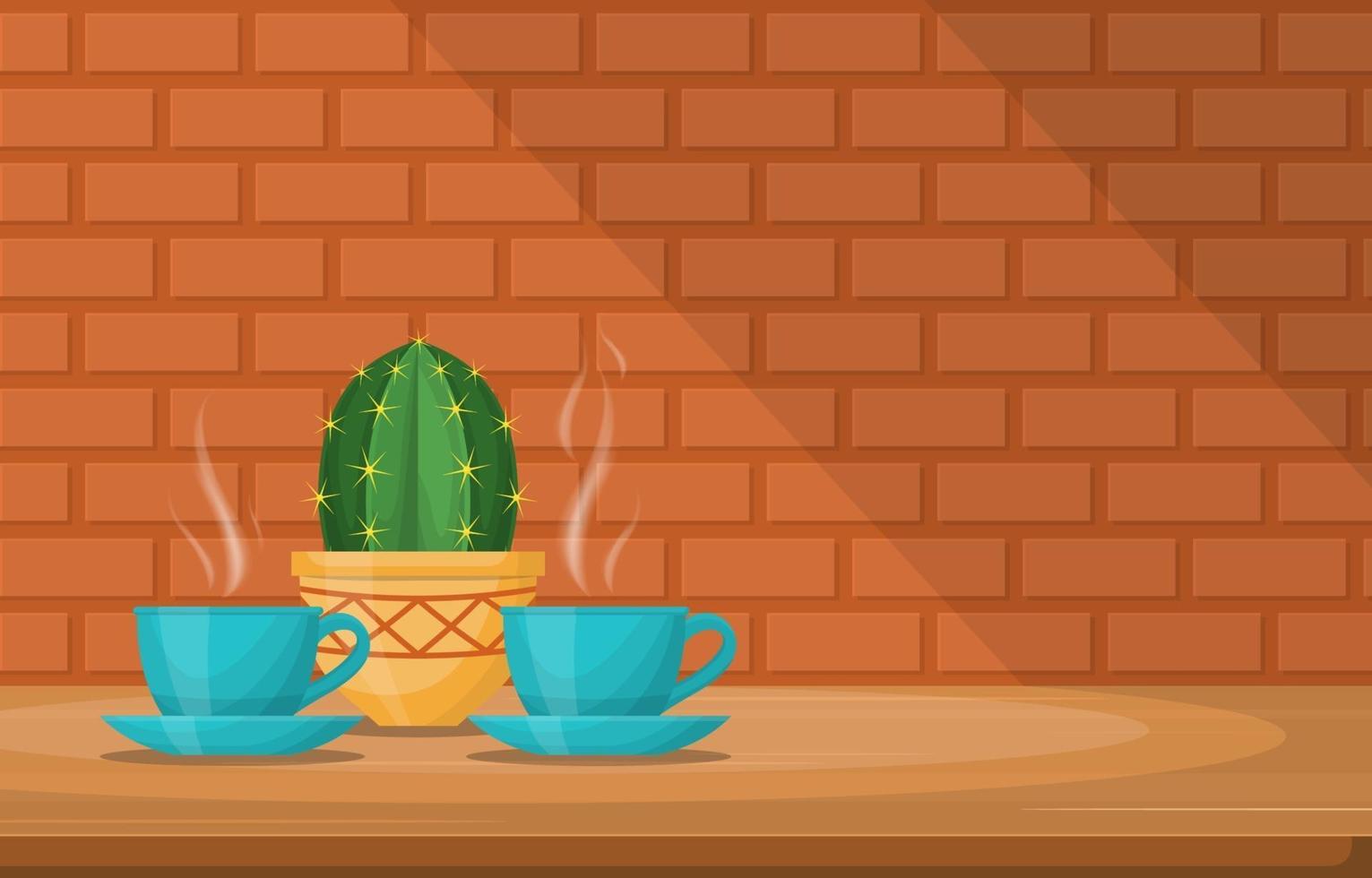 Tazas de bebida caliente con un cactus en una mesa junto a una pared de ladrillos vector