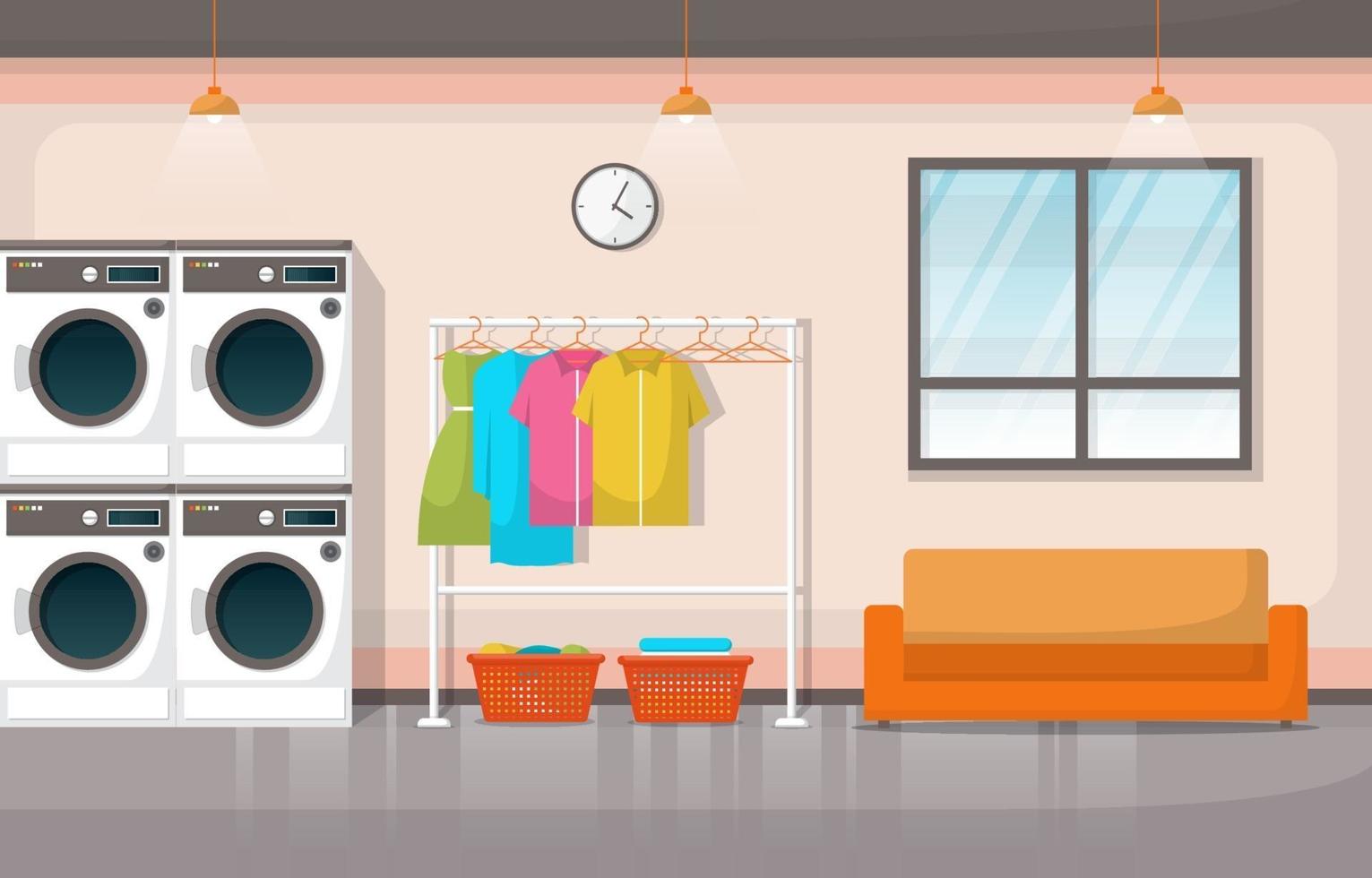 Laundromat with Washing Machines and Racks vector