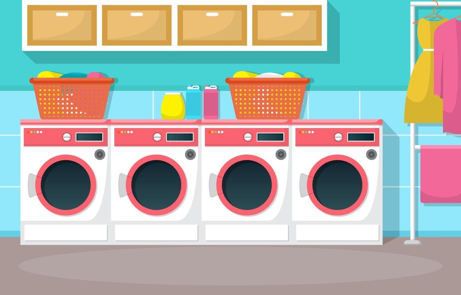 Laundromat with Washing Machines and Baskets vector