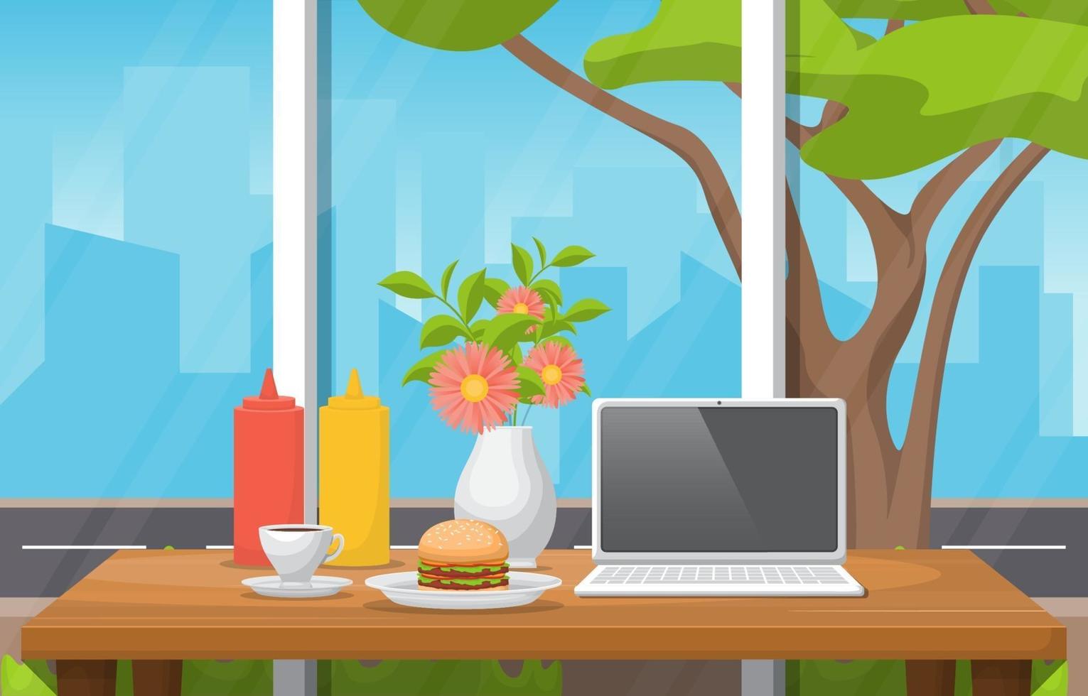 Lunch at Restaurant with City View Illustration vector