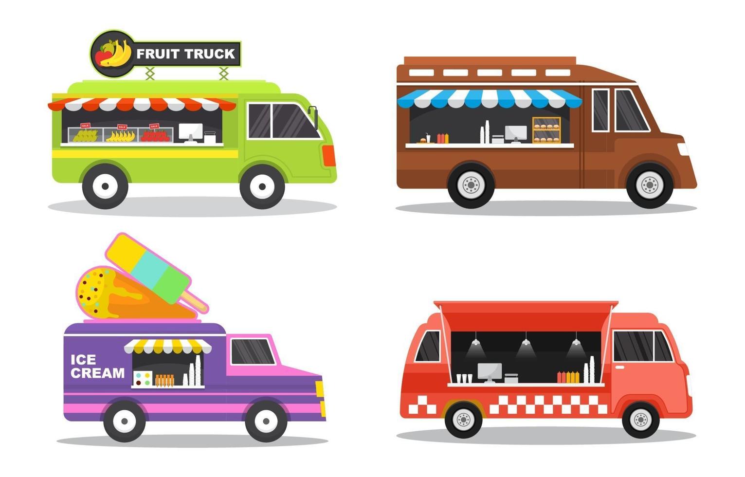 Set of four food trucks with bright colors and different products vector