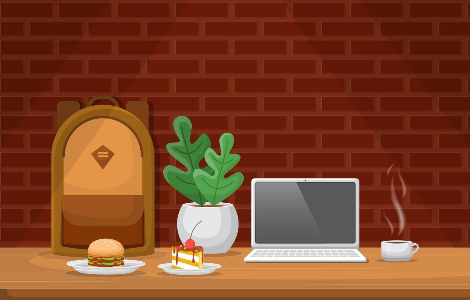 café, almuerzo y computadora portátil en la mesa de café vector