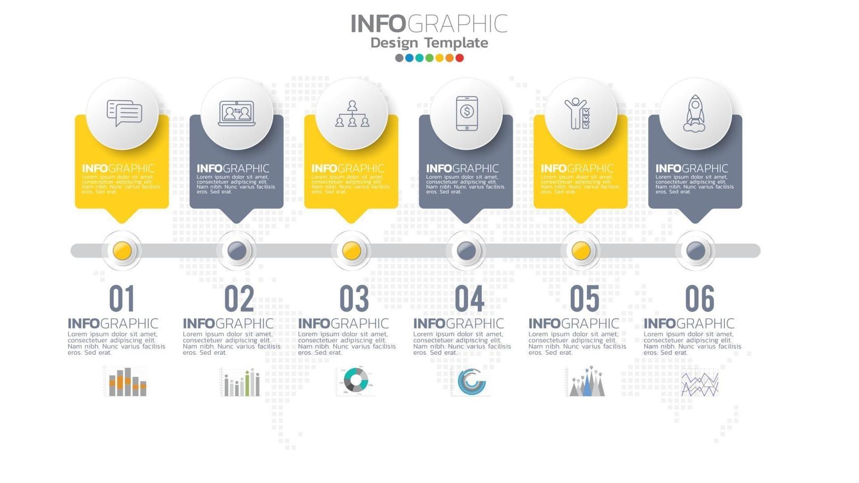 Infograph 6 step yellow color element with circle graphic chart diagram, business graph design. vector
