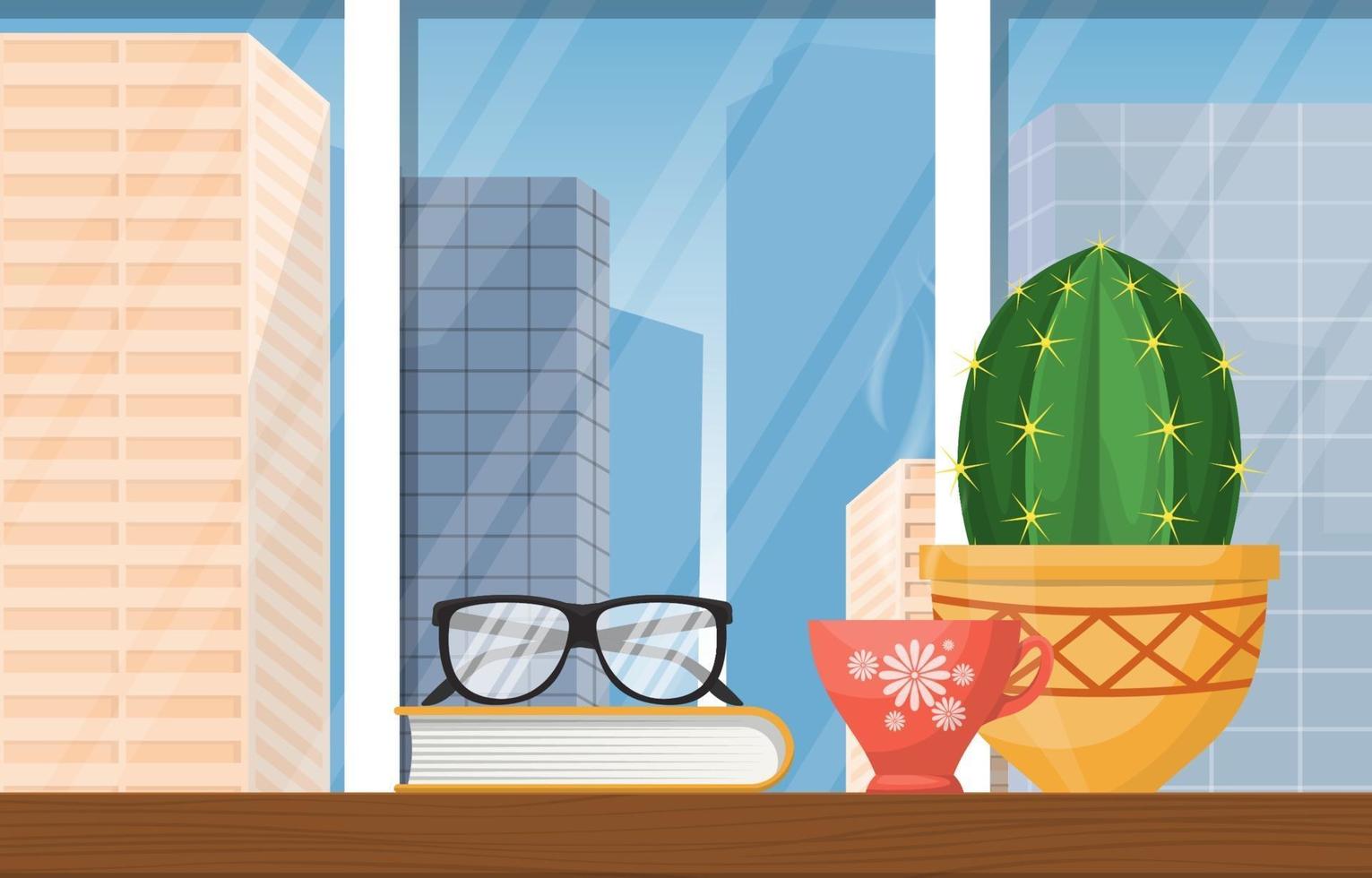 té caliente, cactus y libro en la mesa con el horizonte de la ciudad vector