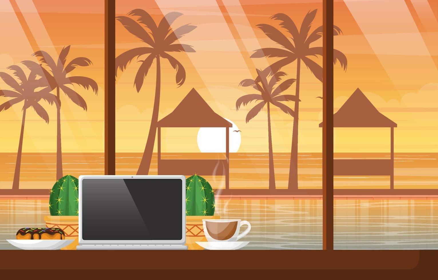 Una taza de té en una mesa con un portátil en Bali Beach Cafe al atardecer vector