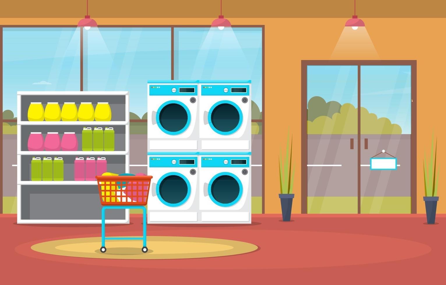 Laundromat with Washing Machines and Racks vector