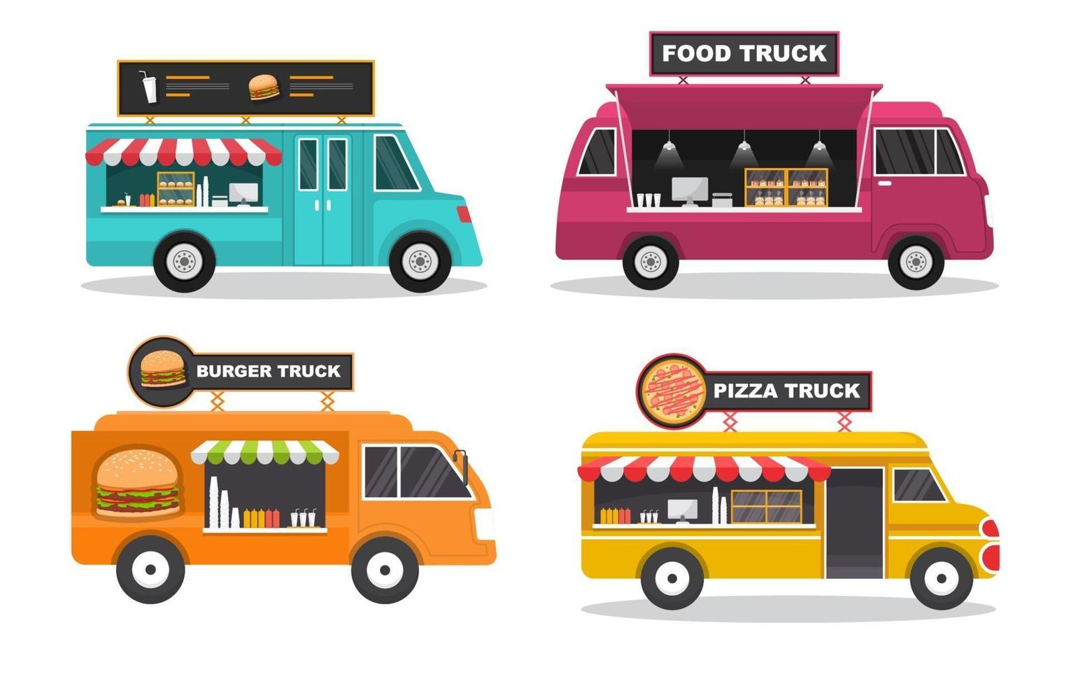 Set of four food trucks with bright colors and different products vector