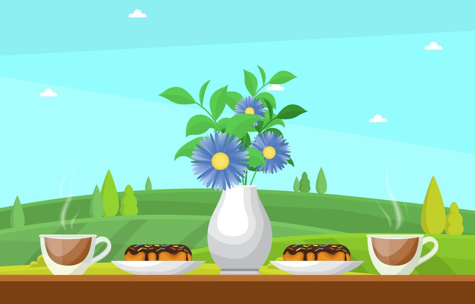 tazas de té con postres y jarrón de flores sobre una mesa con vistas a la naturaleza vector