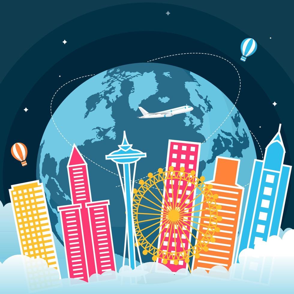 Seattle Washington Skyline on Globe, World Tourism Day vector