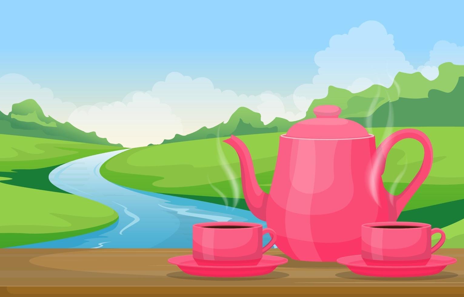 Teapot and Cups on Table with View of River and Forest Landscape vector
