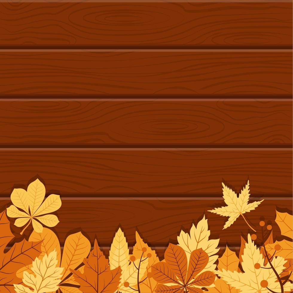 Tarjeta de la temporada de otoño con fondo de madera y hojas rojas y amarillas. vector