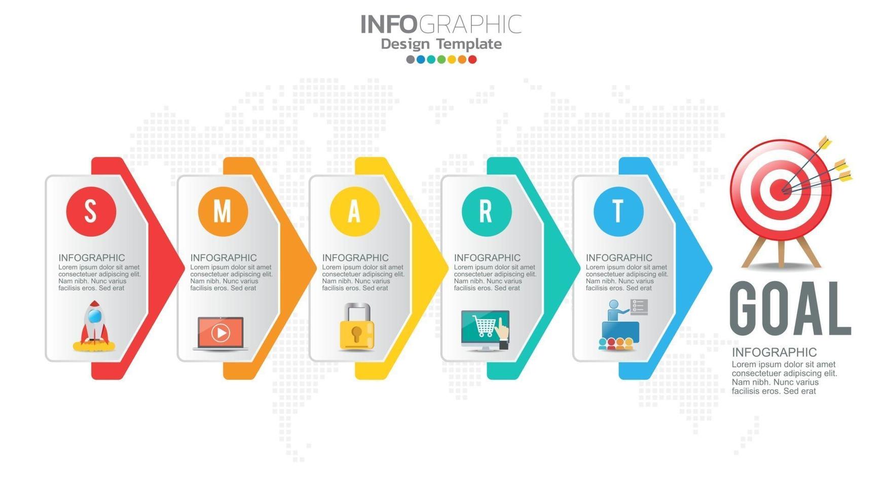 Smart goals setting strategy infographic with 5 steps and icons for business chart. vector