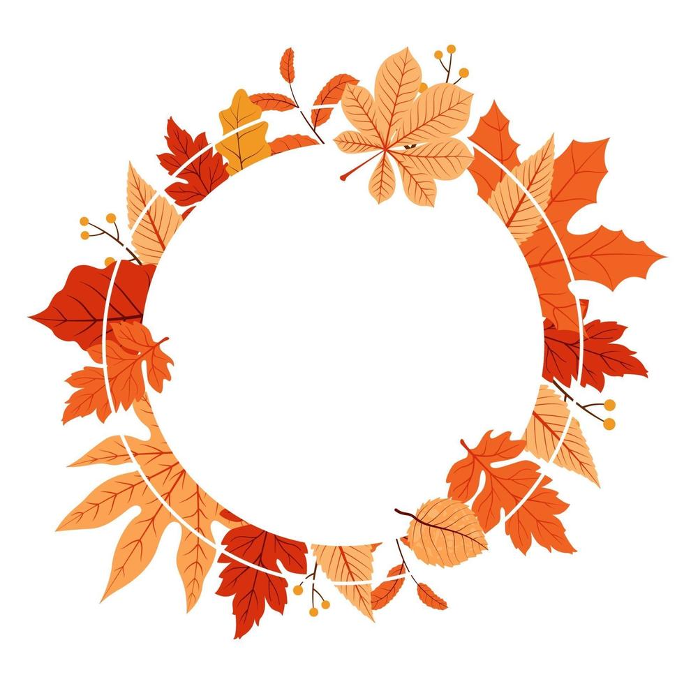 Red and Yellow Autumn Leaves in Circular Frame Bouquet vector