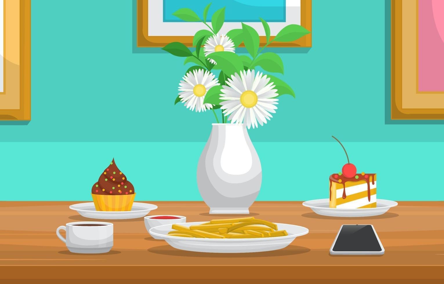 Desserts and Flowers on Table in Cafe vector