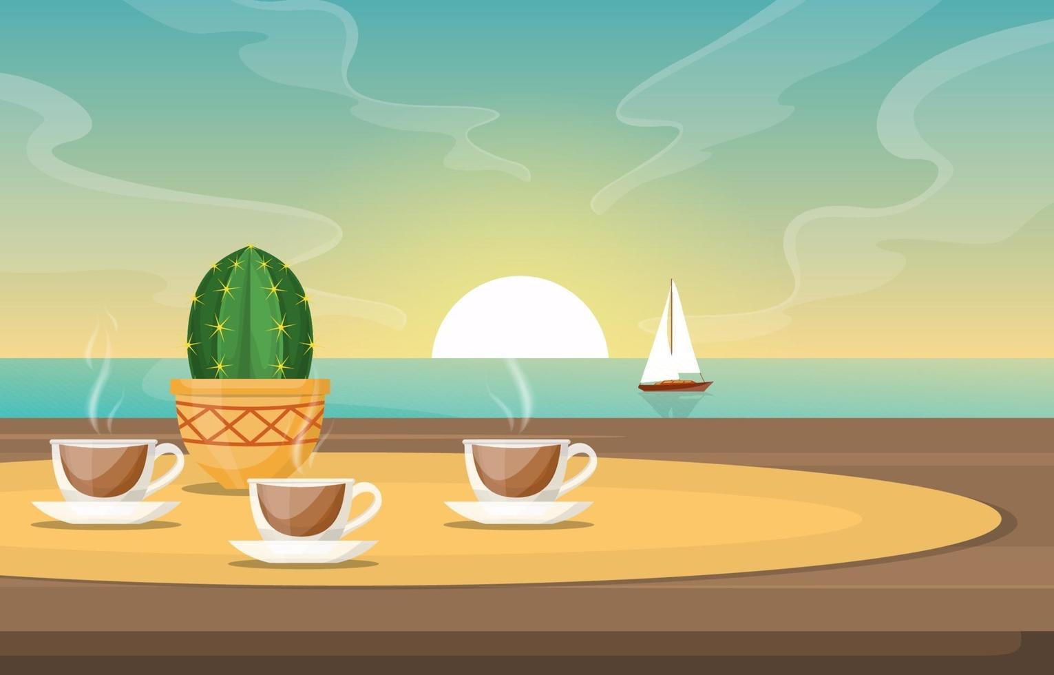 tazas de té y cactus en la mesa con vista al mar y al velero vector