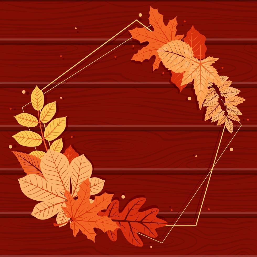 Marco decorativo de temporada de otoño en forma de pentágono con hojas rojas y amarillas. vector