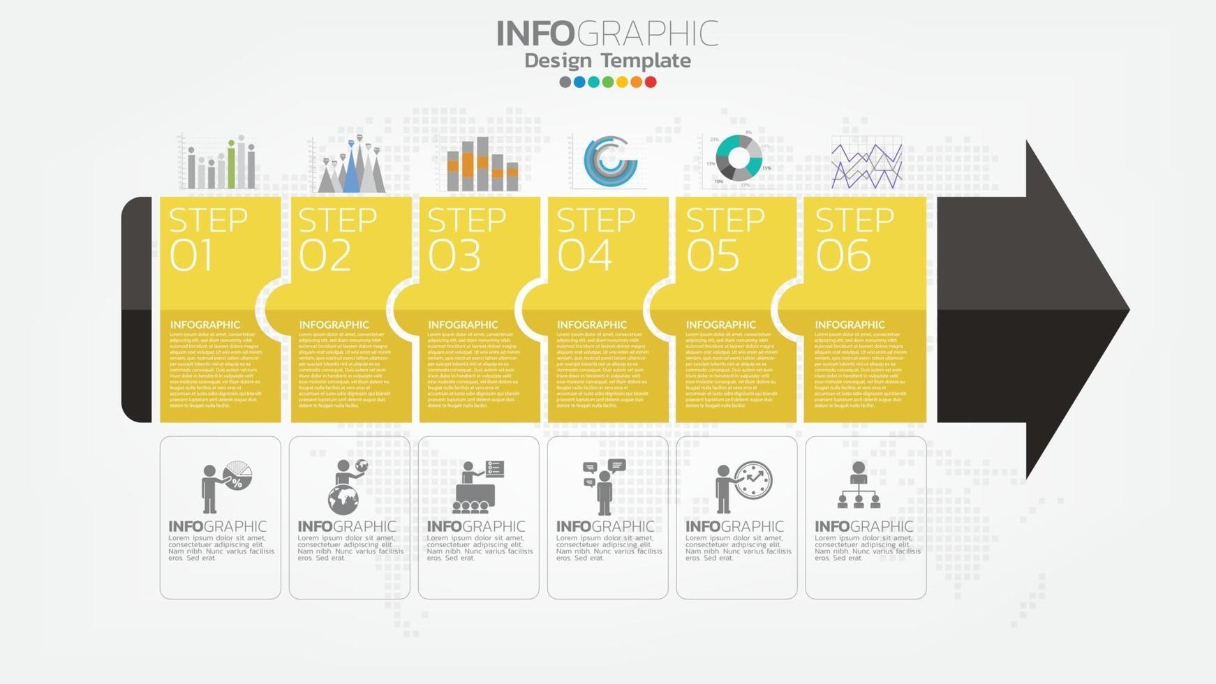 Infograph 6 step yellow color element with arrow, chart diagram, business online marketing concept. vector