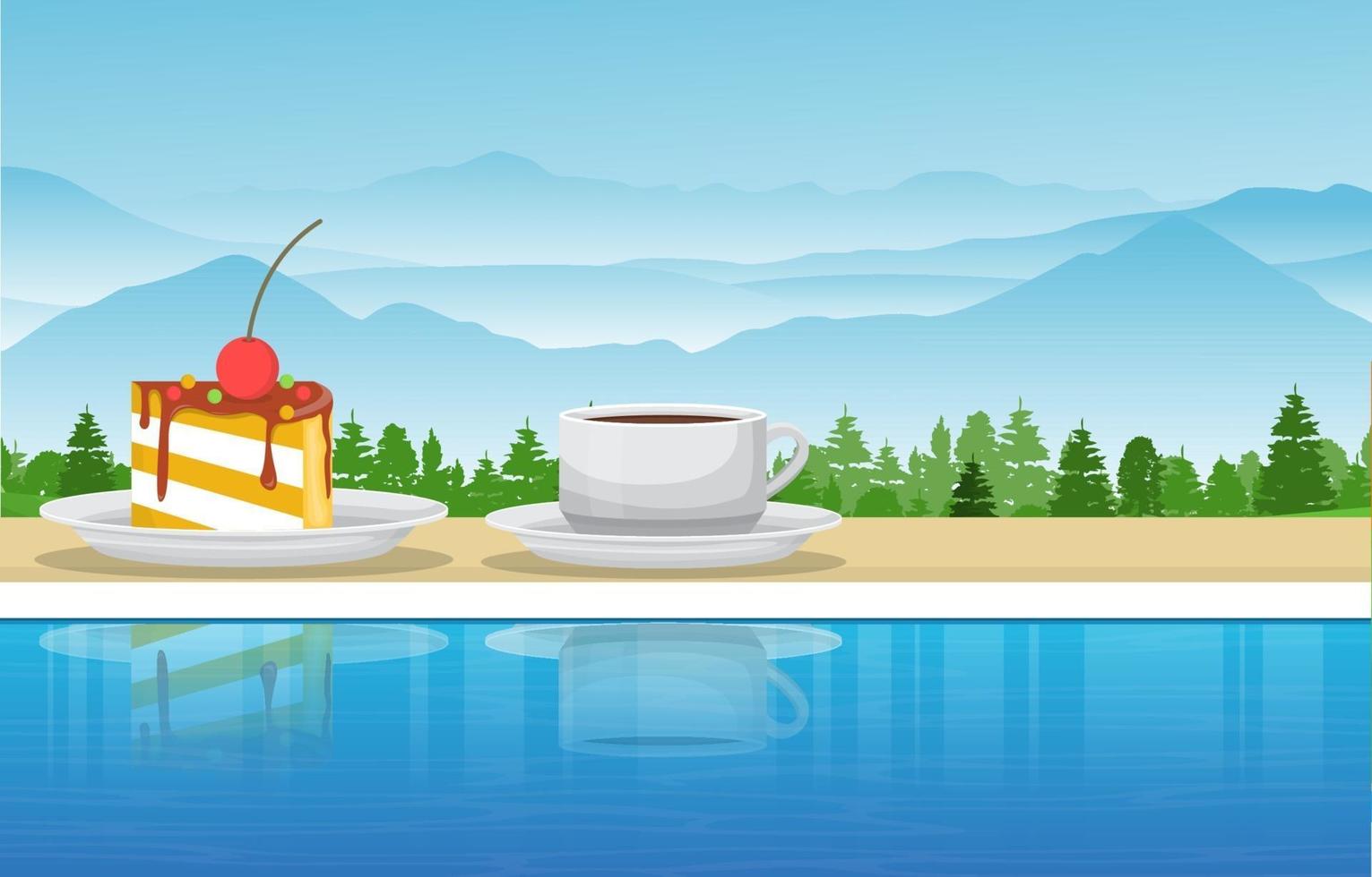 una taza de té y un bocadillo junto a la piscina en la ilustración de la vista de la naturaleza de la montaña vector