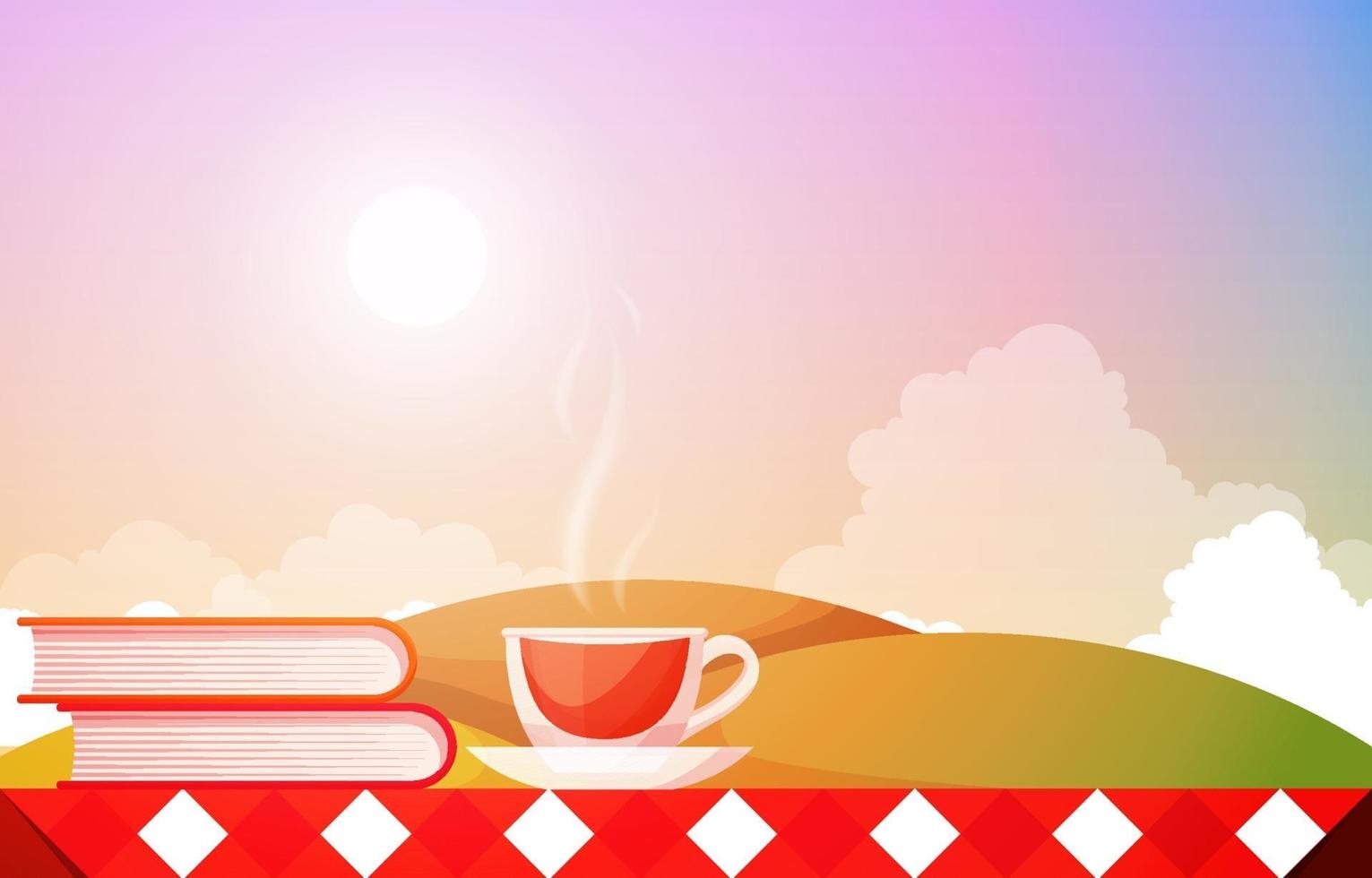 Cups of Tea and Books on a Table with a Nature View vector