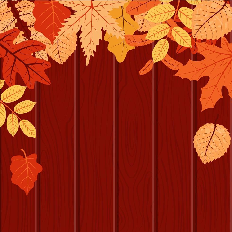 Autumn Season Card with with Wooden Background and Red and Yellow Leaves vector