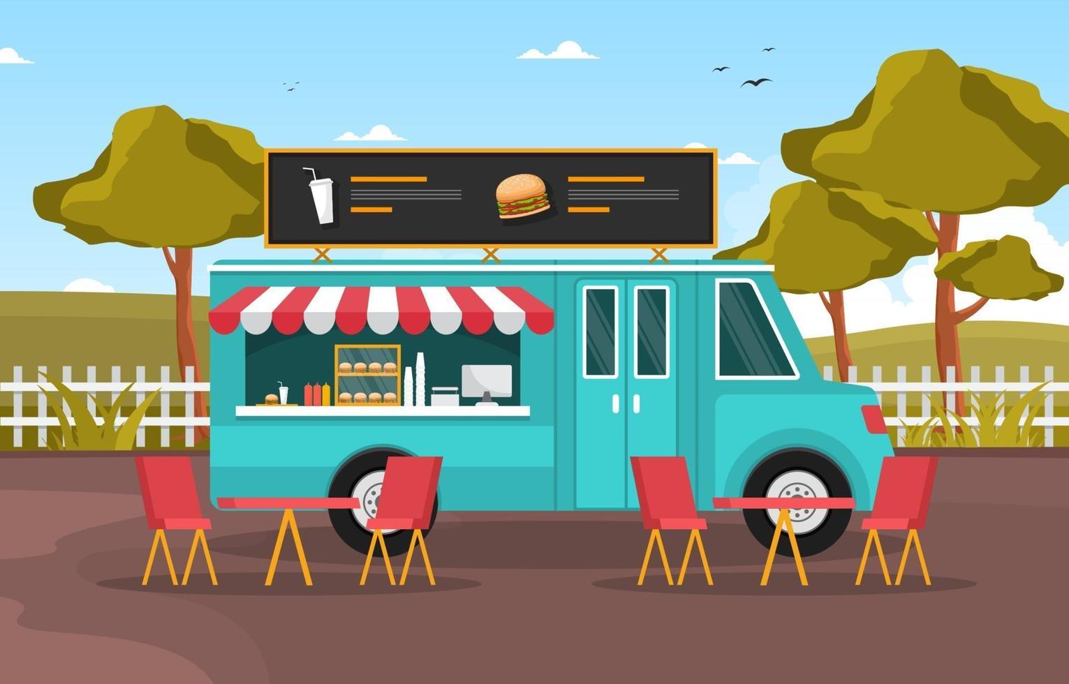 Food Truck Selling Burgers in the Park vector