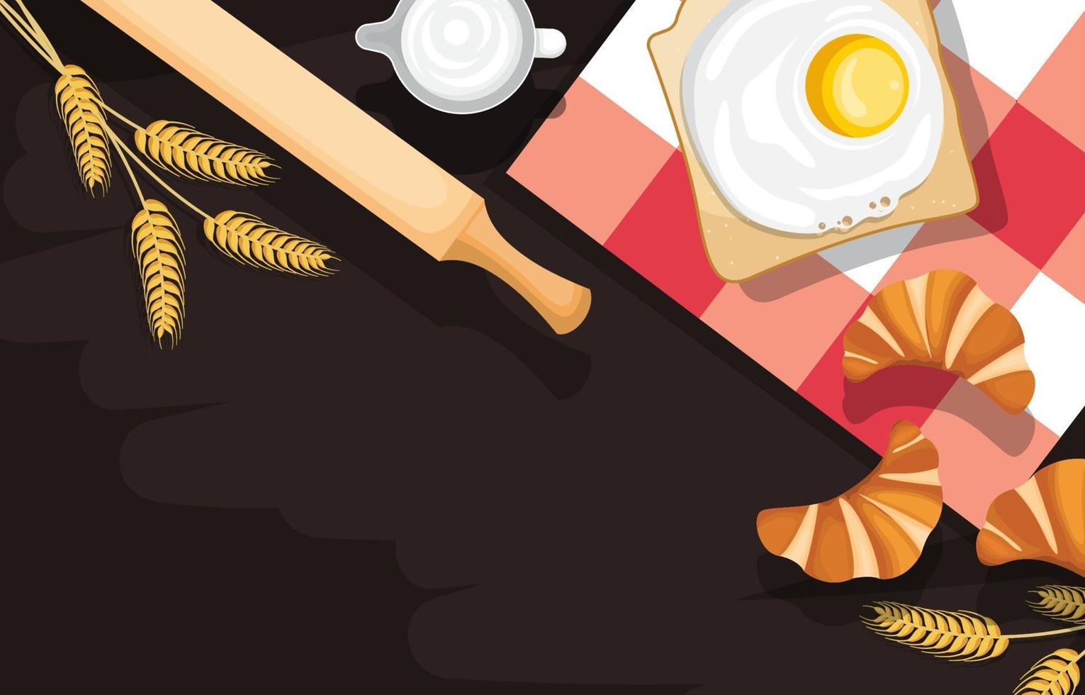 Egg on Bread, Croissant, and Rolling Pin on Kitchen Background vector