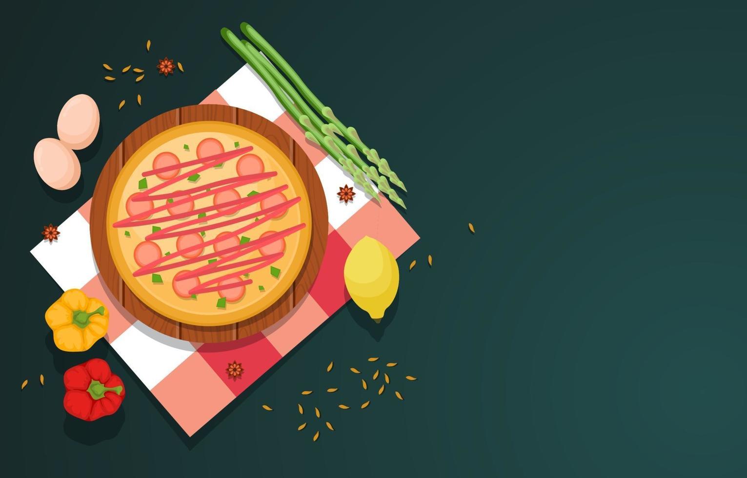 Pizza, Eggs, and Vegetables on Kitchen Background vector