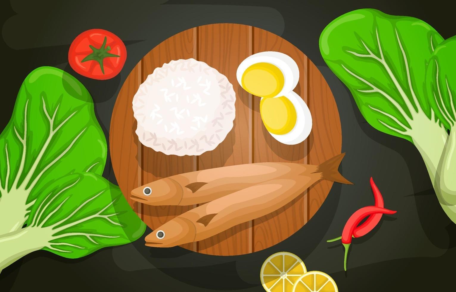 Fish, Rice, Eggs and Vegetables on Wooden Board vector