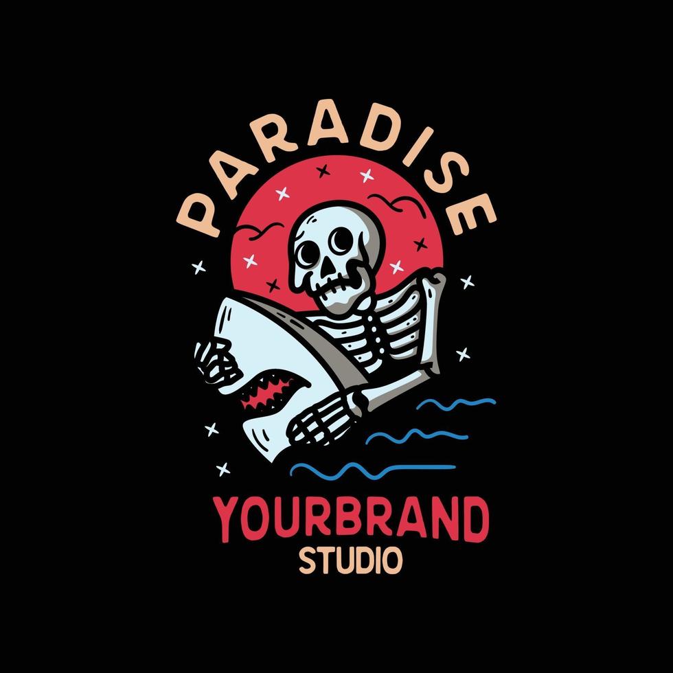 Paradise Skull and Shark. Vintage Style For t shirt vector