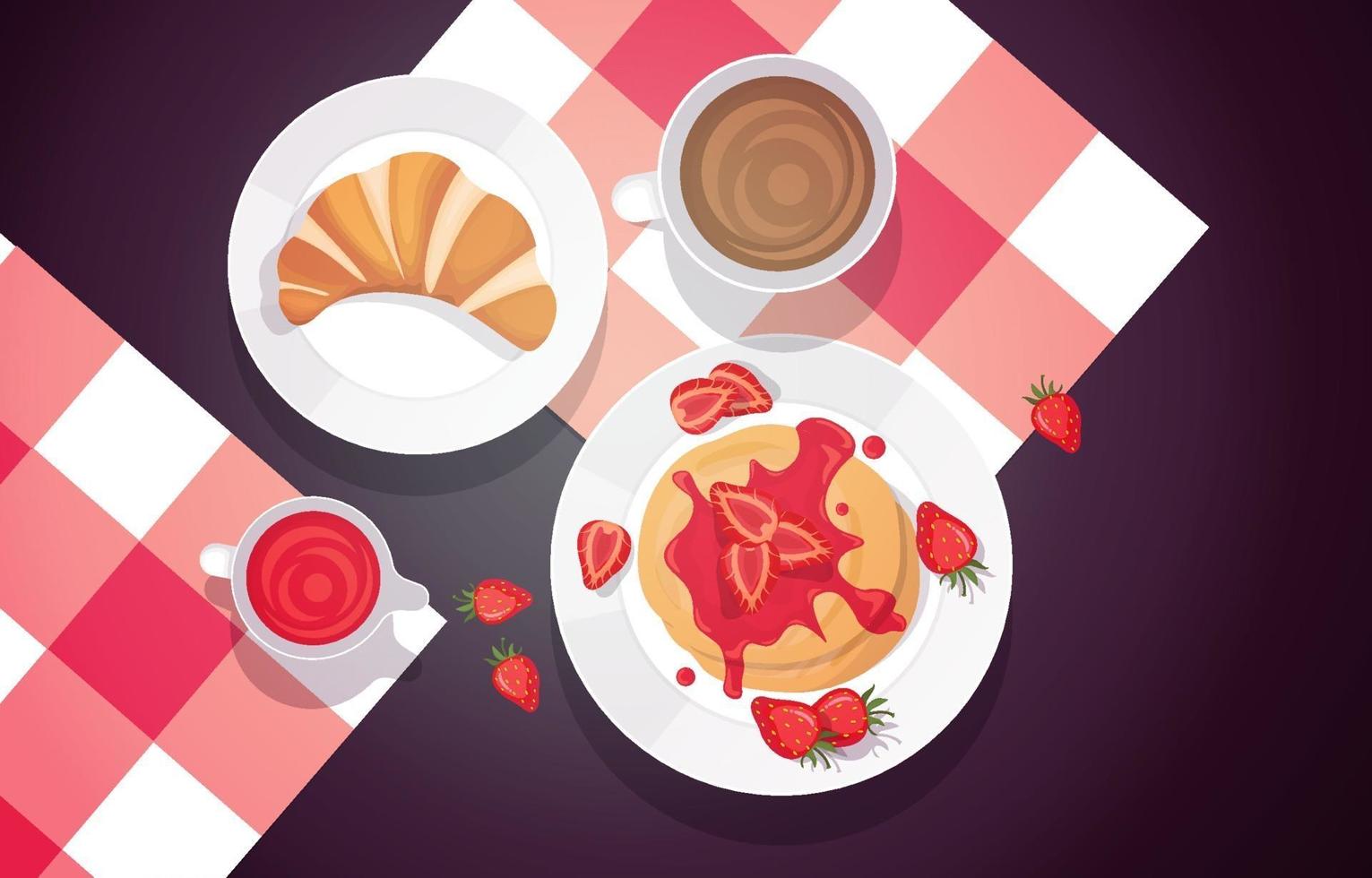 Strawberry Pancakes, Croissant and Coffee vector
