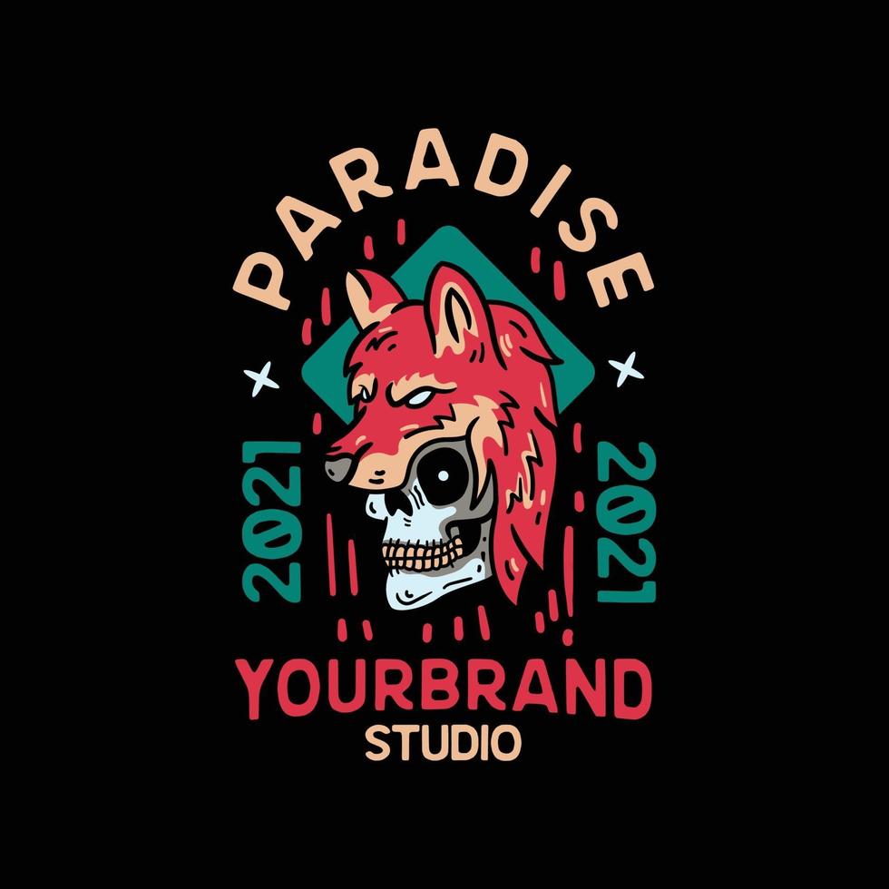 Paradise Wolf Skull. Vintage Style For t shirt vector