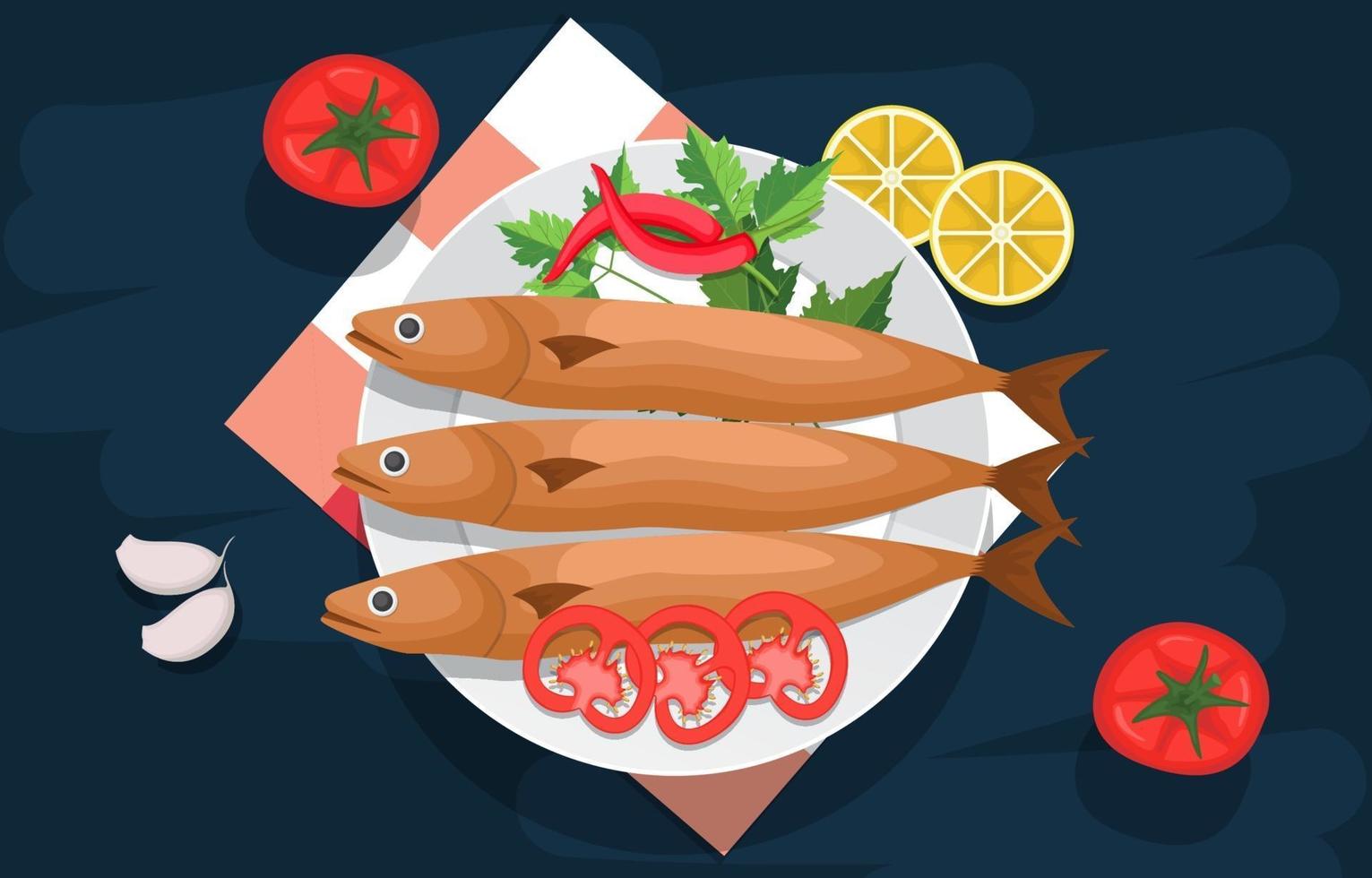 pescado cocido y verduras en un plato vector