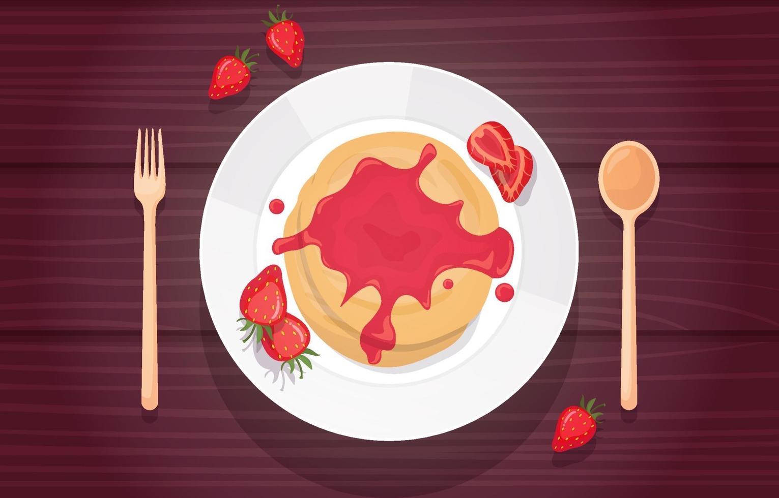 Strawberry Pancakes on Plate with Cutlery vector