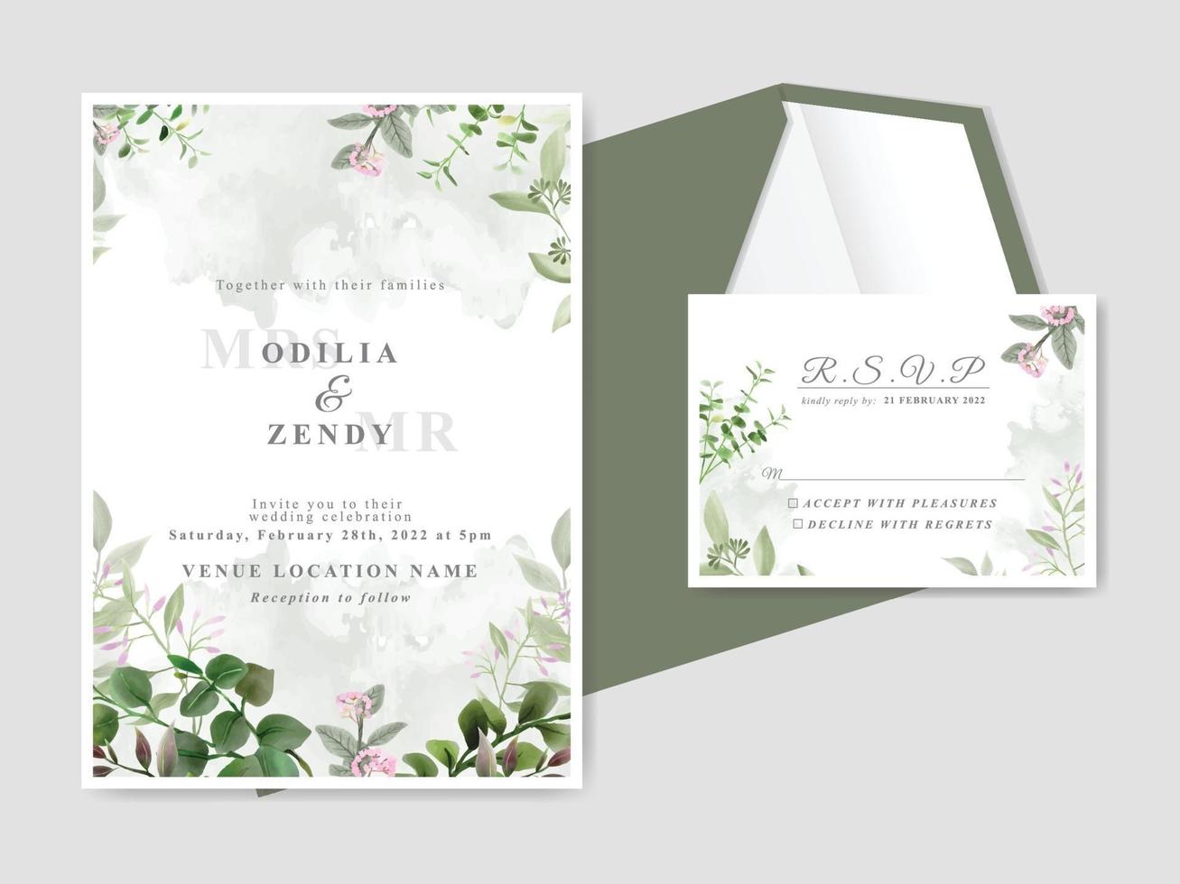 elegantes tarjetas de invitación de boda florales dibujadas a mano vector