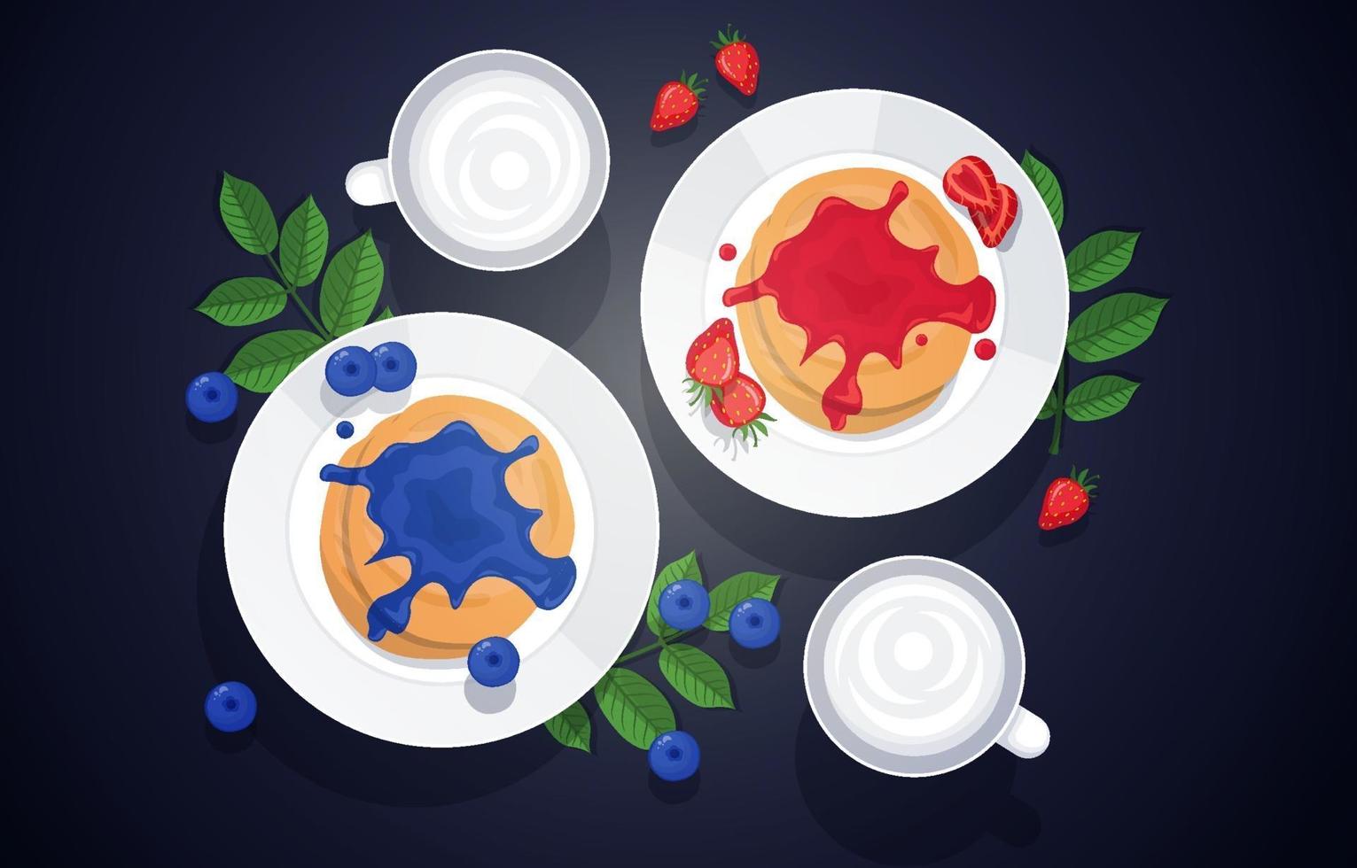 Blueberry and Strawberry Pancakes with Cups of Cream vector