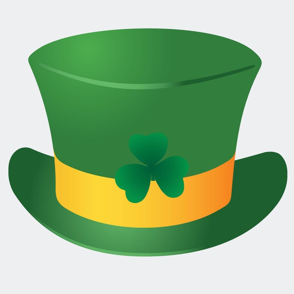 A leprechaun hat, vector illustration for St. Patrick Day. Green cylinder with yellow ribbon and clover shamrock.