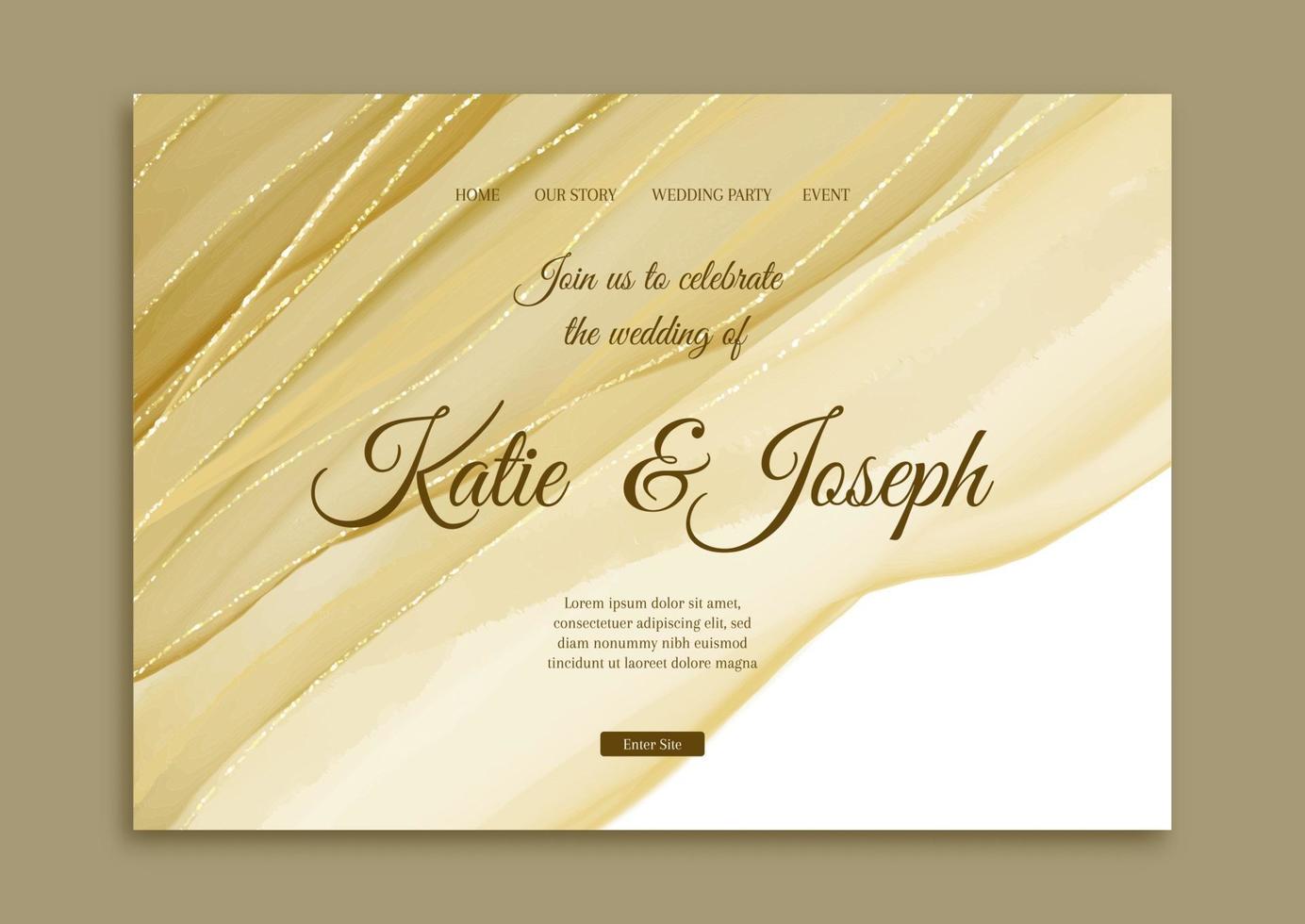 Elegant wedding landing page with hand painted gold design vector