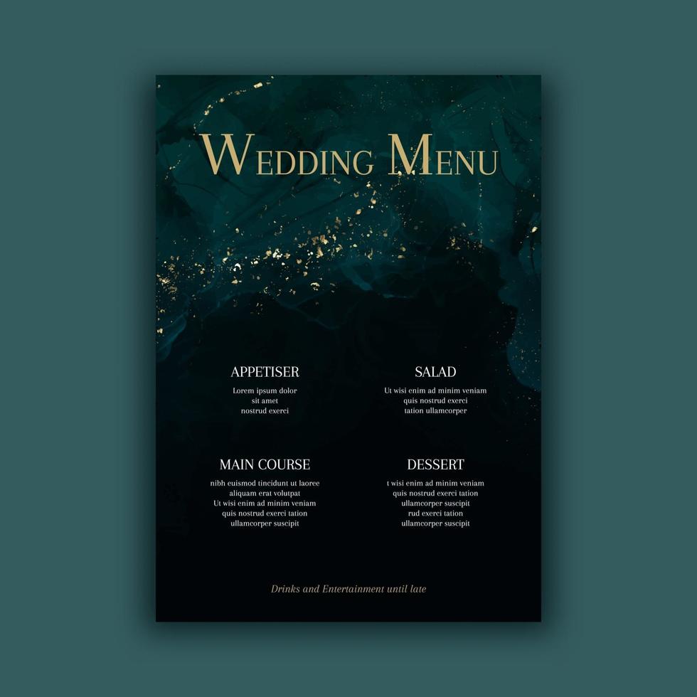 Elegant wedding menu in a green black and gold hand painted design vector