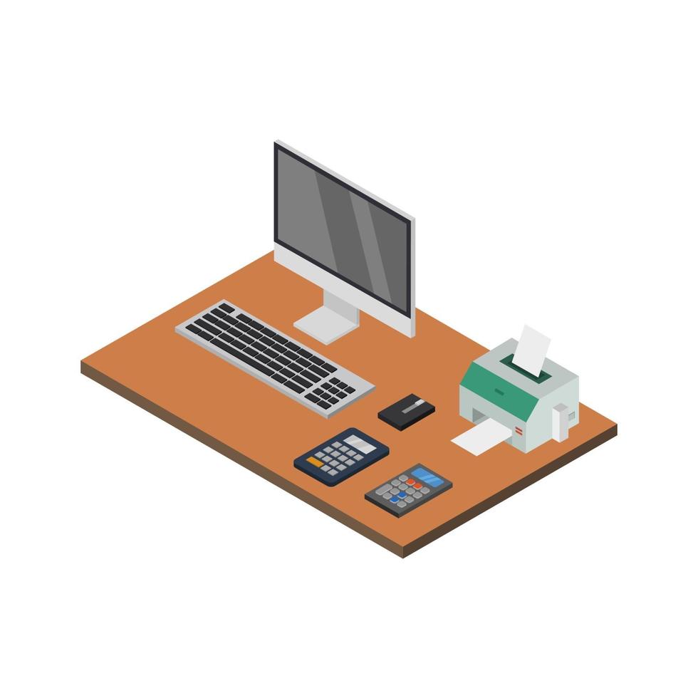 Isometric Office Desk On White Background vector