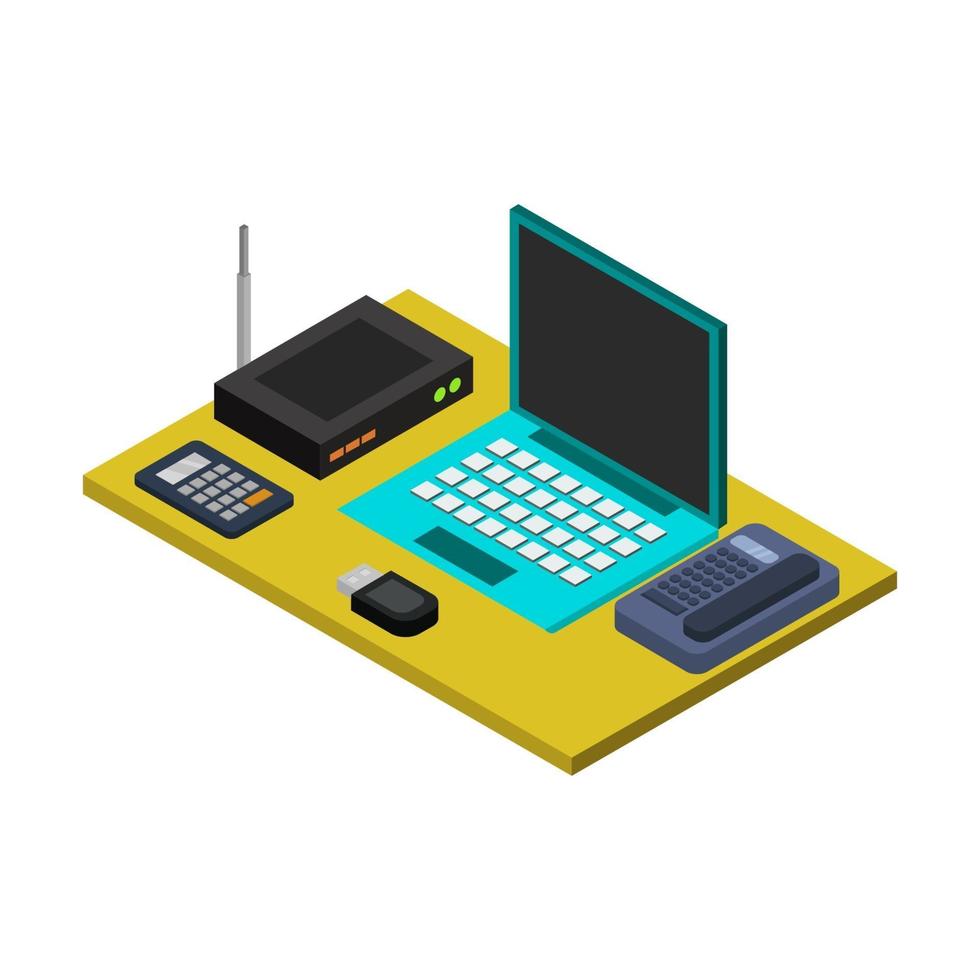 Isometric Office Desk On White Background vector